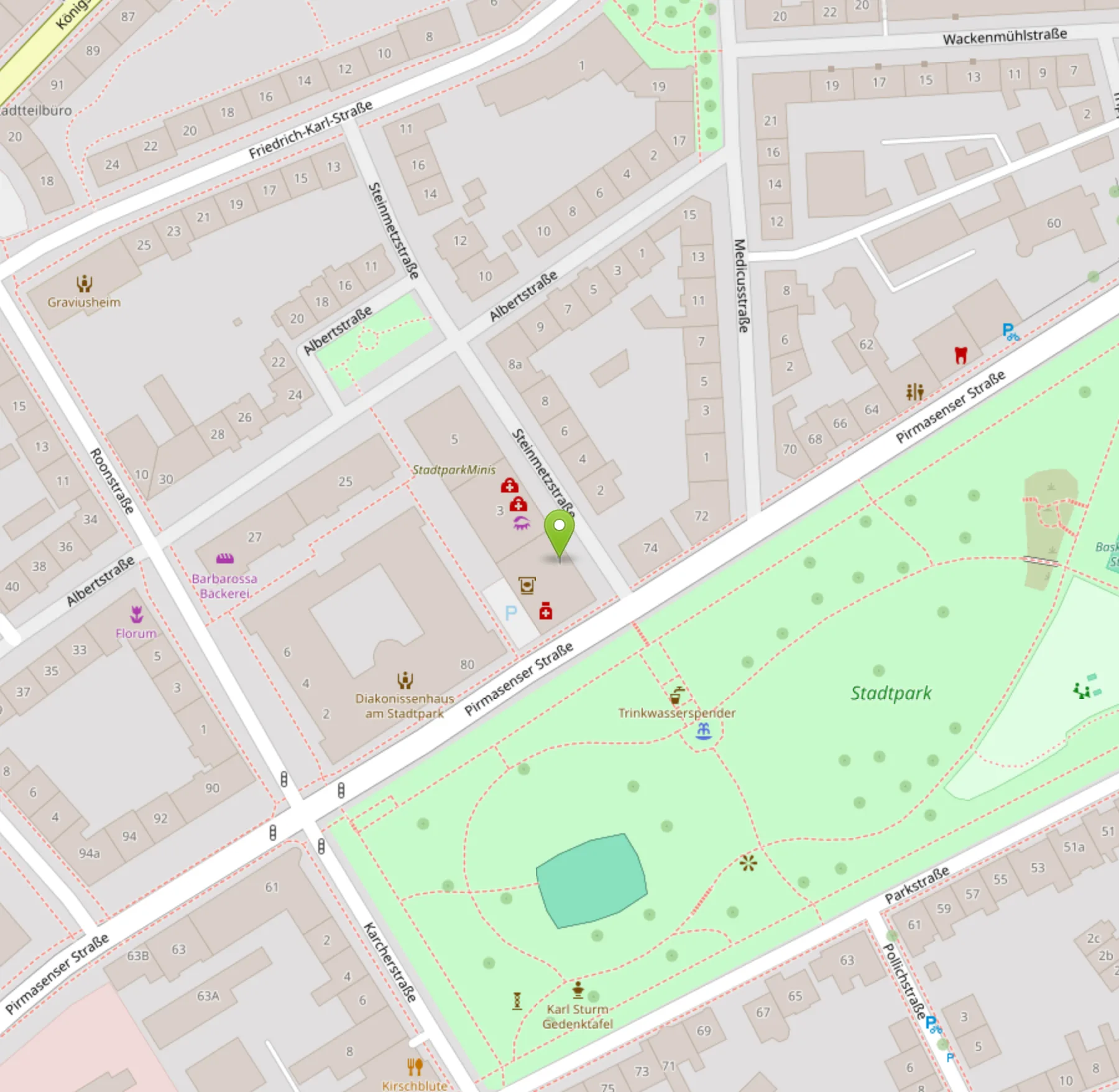 Kartenausschnitt: MEDIFIT in der Steinmetzstraße 1, direkt am Stadtpark Kaiserslautern